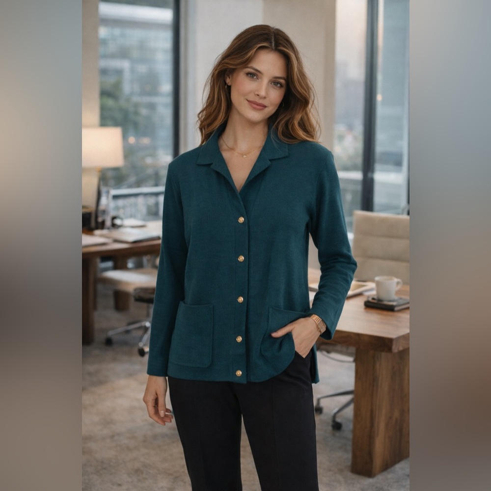 St. Croix La Femme Teal Cardigan Blazer Medium Vintage 100% Wool Knit Jacket USA